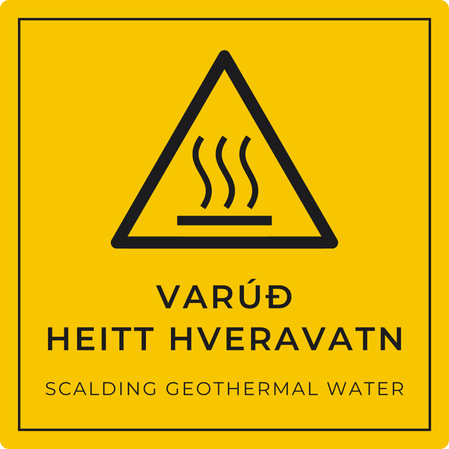 Varúð, heitt hveravatn - viðvörunarskilti, gult