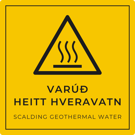 Varúð, heitt hveravatn - viðvörunarskilti, gult