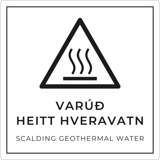 Varúð, heitt hveravatn - viðvörunarskilti, hvítt
