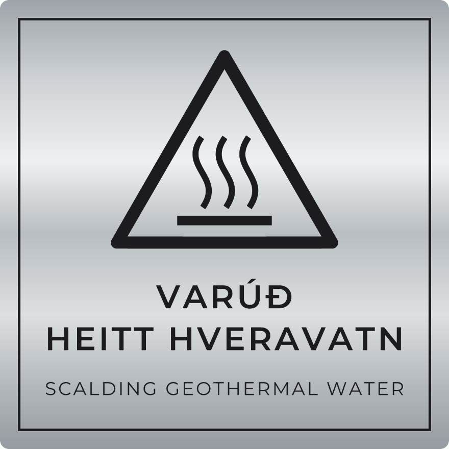 Varúð, heitt hveravatn - viðvörunarskilti, silfur