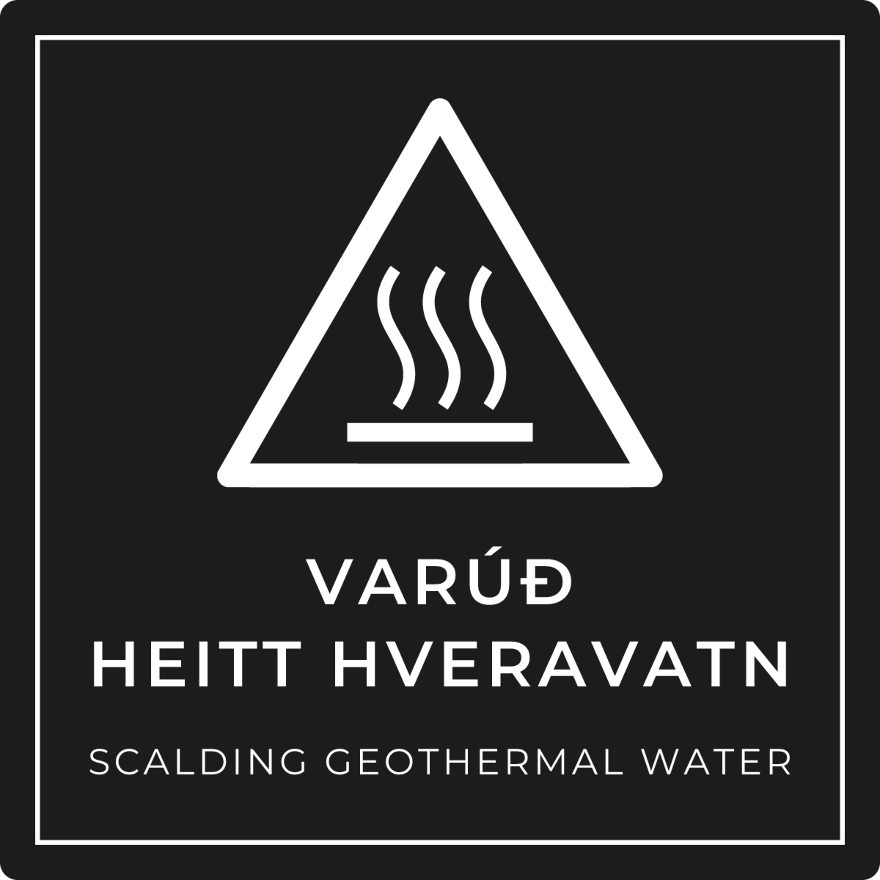 Varúð, heitt hveravatn - viðvörunarskilti, svart