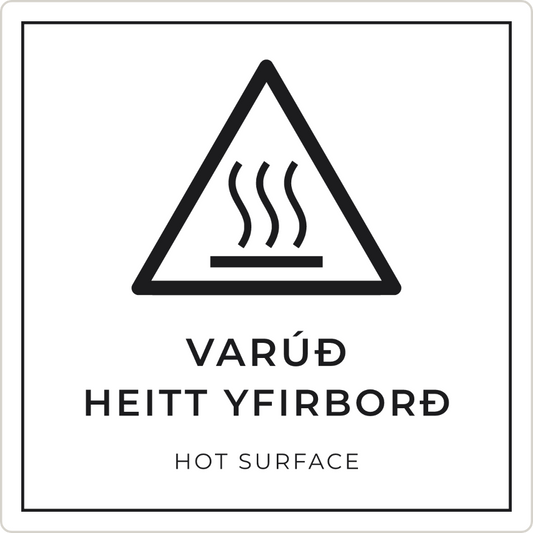 Varúð, heitt yfirborð - viðvörunarskilti, hvítt