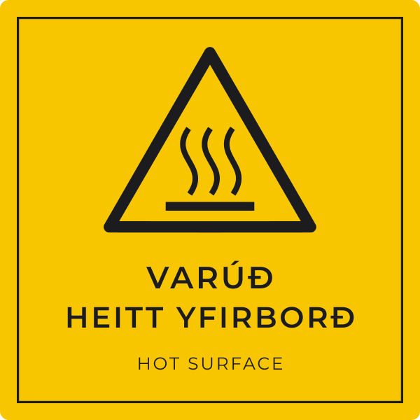 Varúð – heitt yfirborð – grafið viðvörunarskilti, íslenska og enska