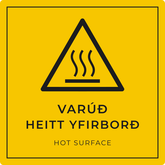 Varúð – heitt yfirborð – grafið viðvörunarskilti, íslenska og enska