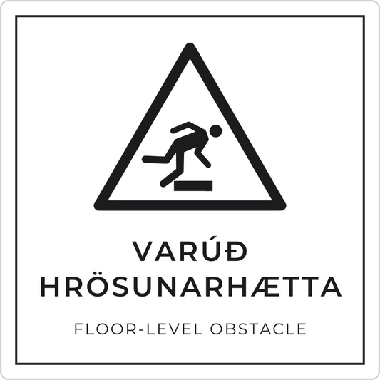Varúð, hrösunarhætta - viðvörunarskilti, hvítt