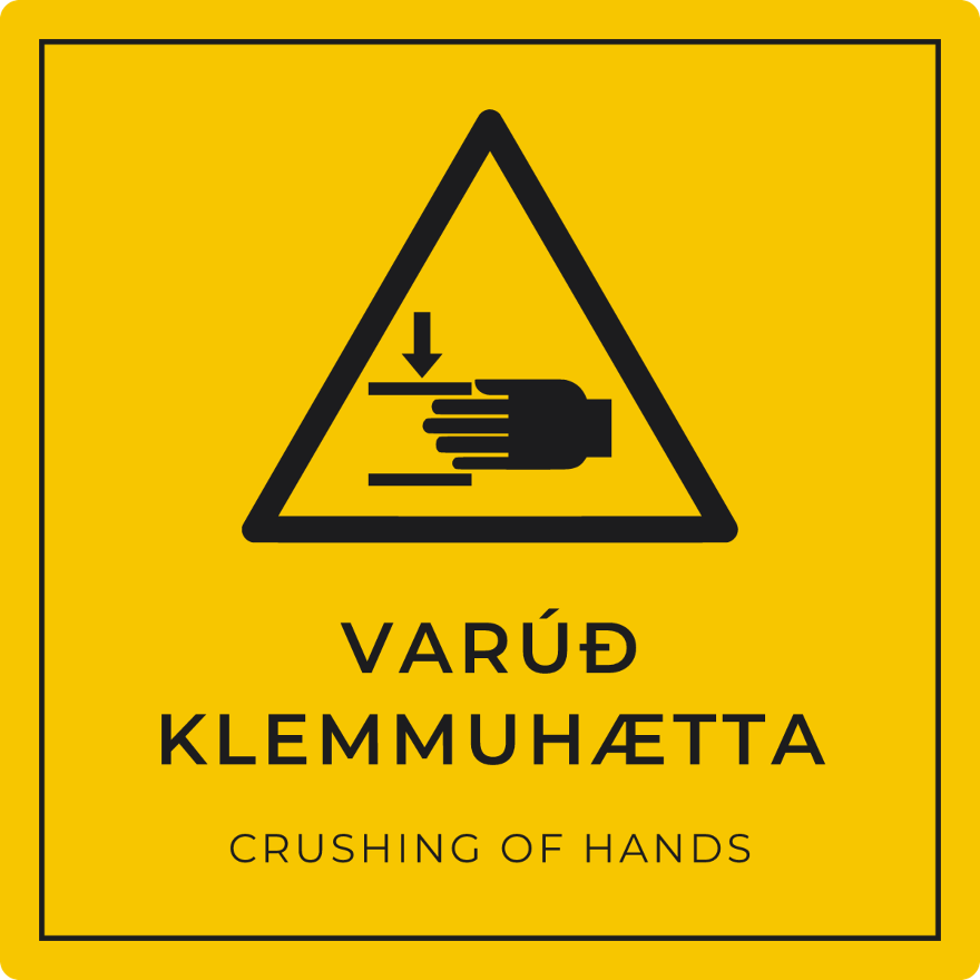 Varúð, klemmuhætta - viðvörunarskilti, gult