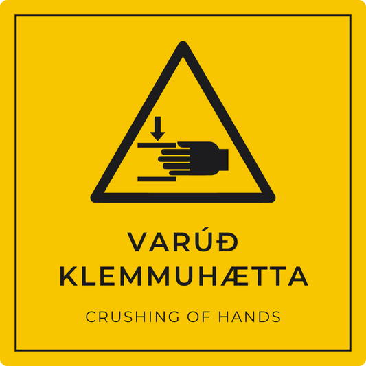 Varúð, klemmuhætta - viðvörunarskilti, gult