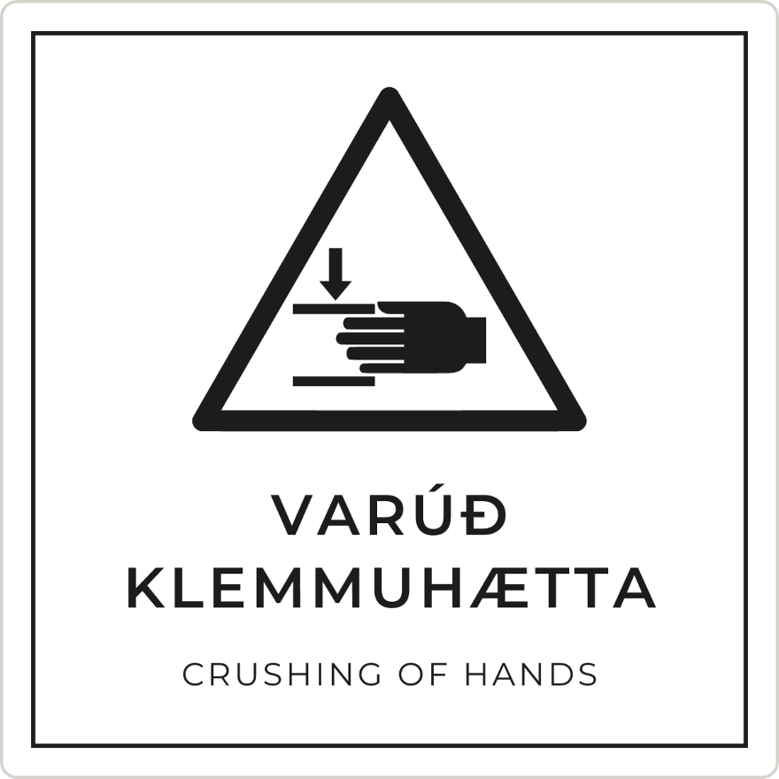 Varúð, klemmuhætta - viðvörunarskilti, hvítt