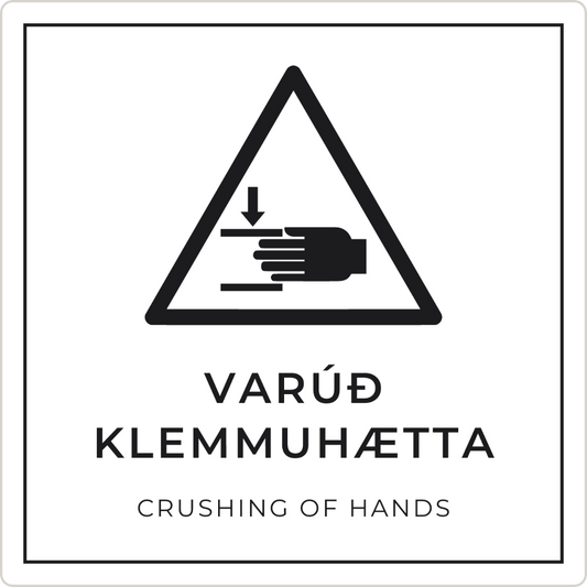 Varúð, klemmuhætta - viðvörunarskilti, hvítt