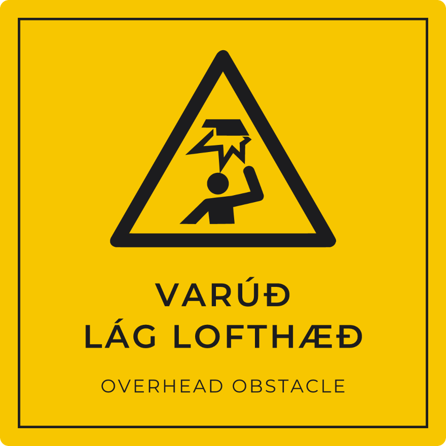 Varúð, lág lofthæð - viðvörunarskilti, gult