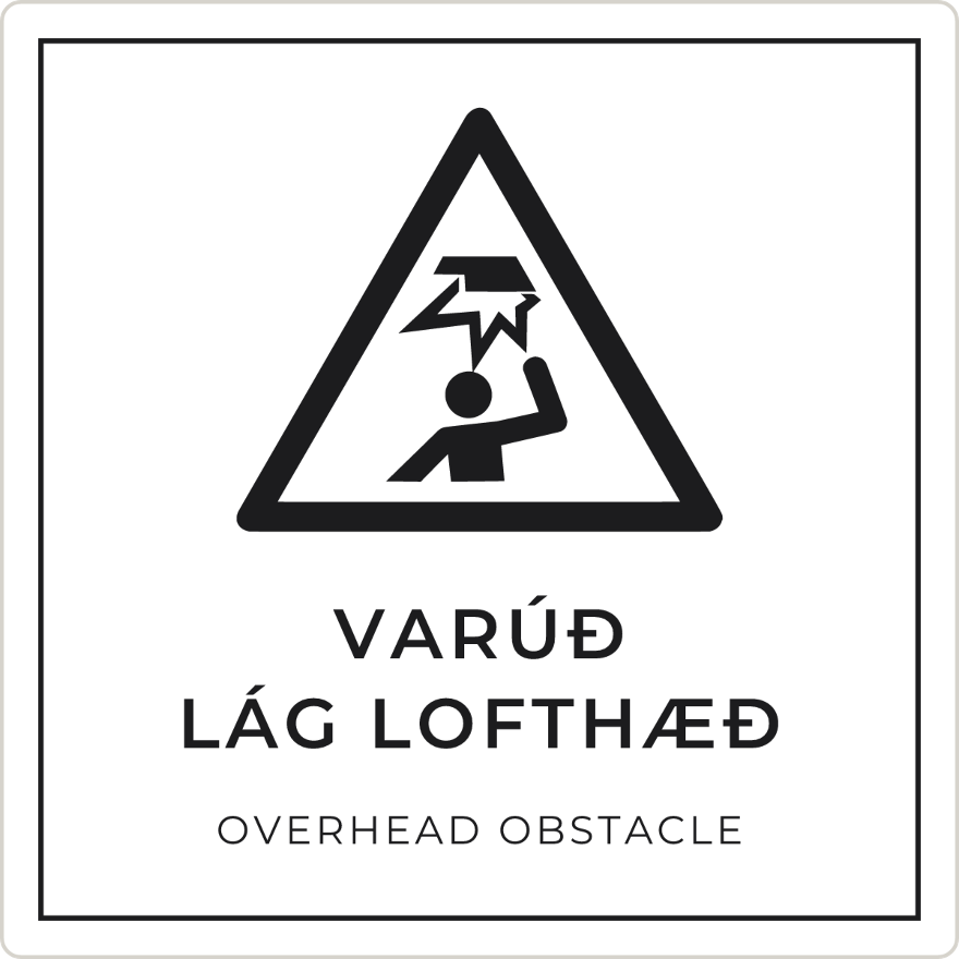 Varúð, lág lofthæð - viðvörunarskilti, hvítt