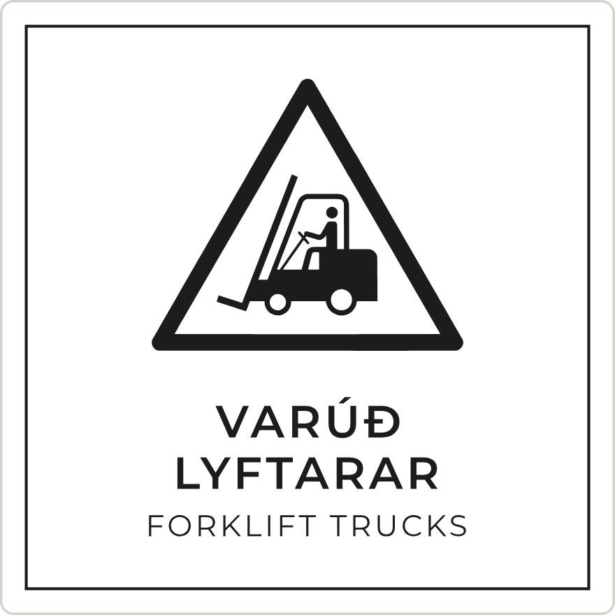 Varúð, lyftarar í umferð - viðvörunarskilti, hvítt