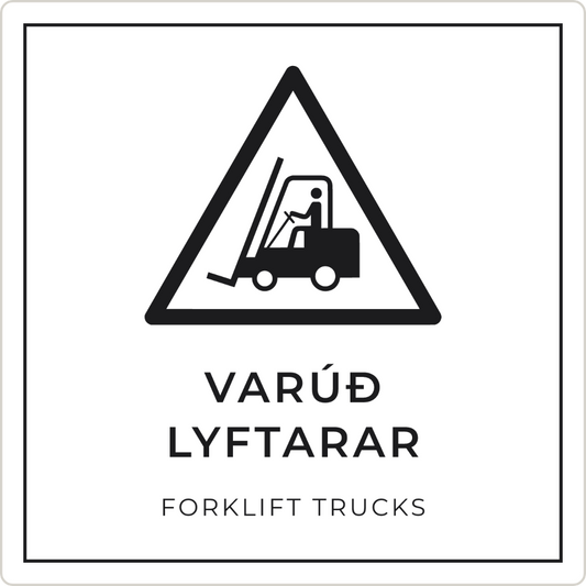 Varúð, lyftarar í umferð - viðvörunarskilti, hvítt