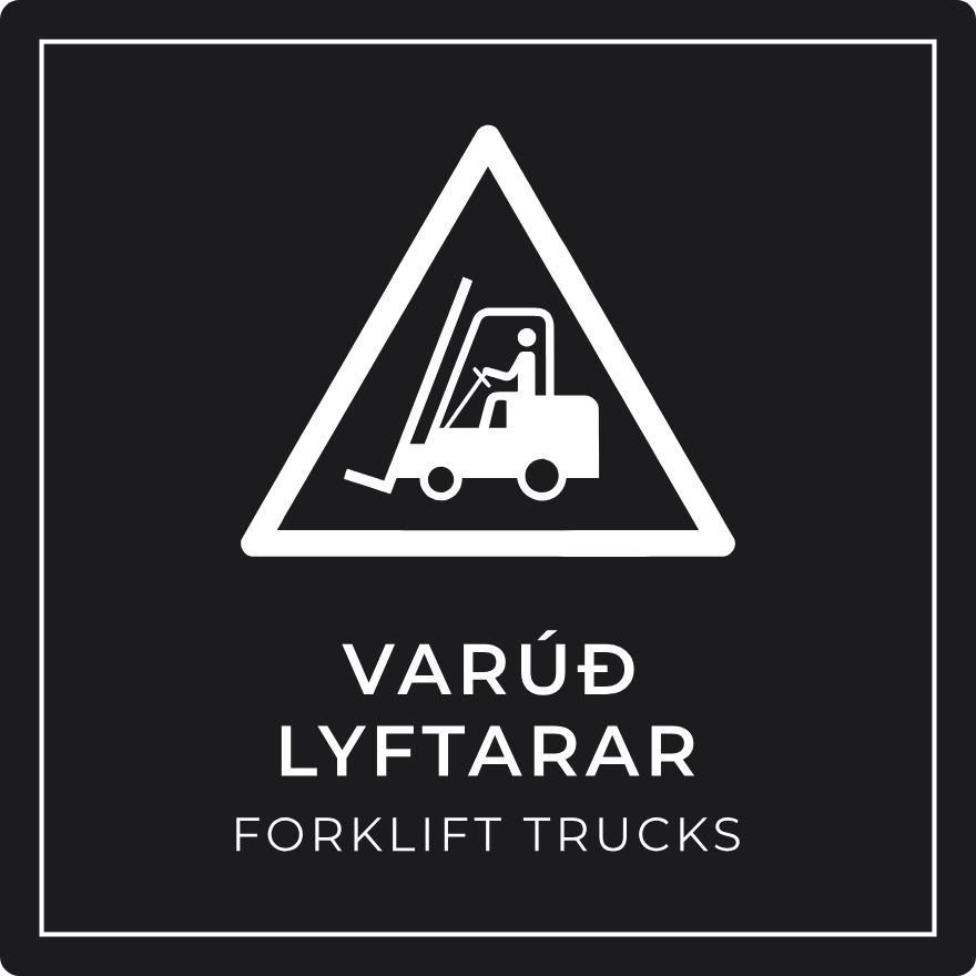 Varúð, lyftarar í umferð - viðvörunarskilti, svart