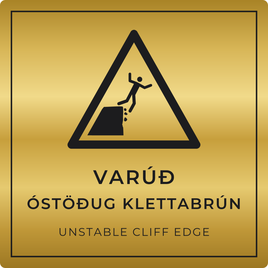 Varúð, óstöðug klettabrún - viðvörunarskilti, gull