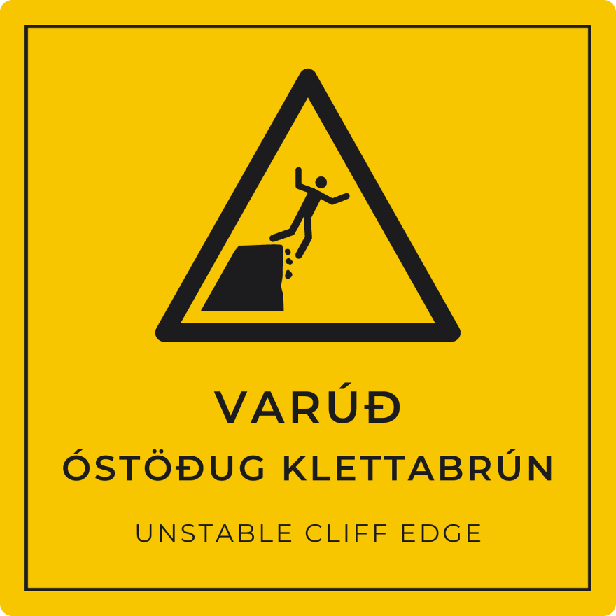 Varúð, óstöðug klettabrún - viðvörunarskilti, gult
