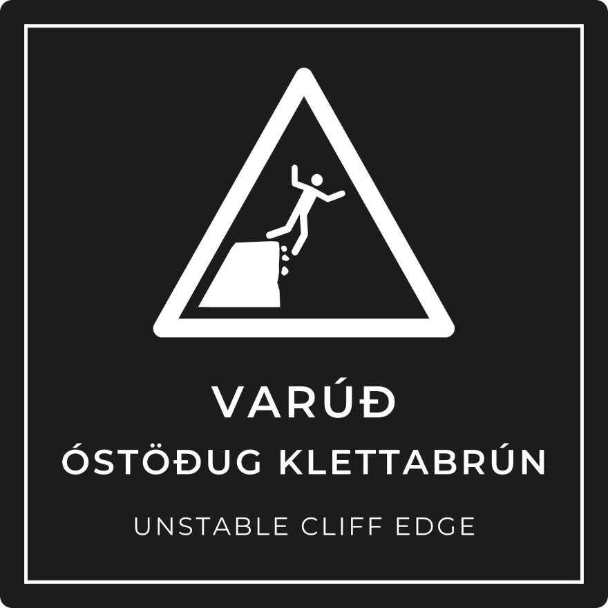 Varúð, óstöðug klettabrún - viðvörunarskilti, svart