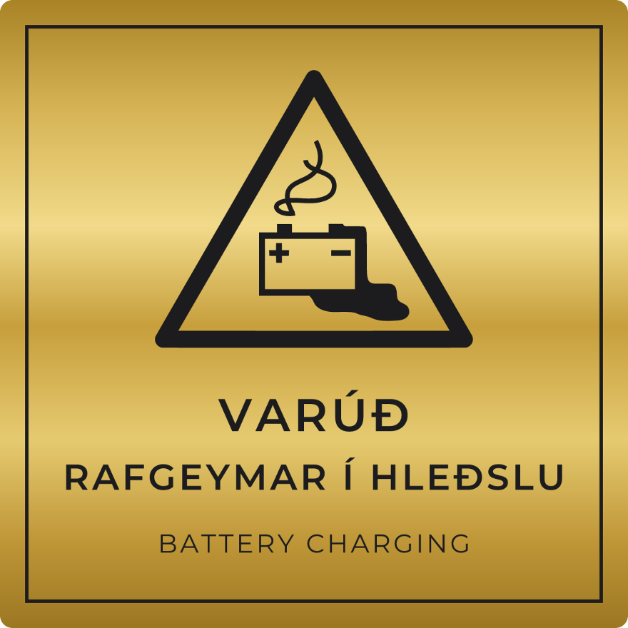 Varúð, rafgeymar í hleðslu - viðvörunarskilti, gull