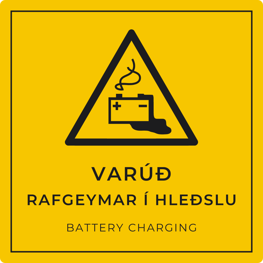 Varúð, rafgeymar í hleðslu - viðvörunarskilti, gult