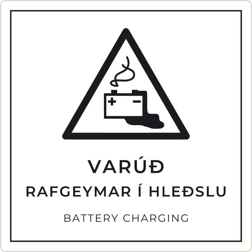 Varúð, rafgeymar í hleðslu - viðvörunarskilti, hvítt