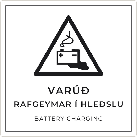 Varúð, rafgeymar í hleðslu - viðvörunarskilti, hvítt