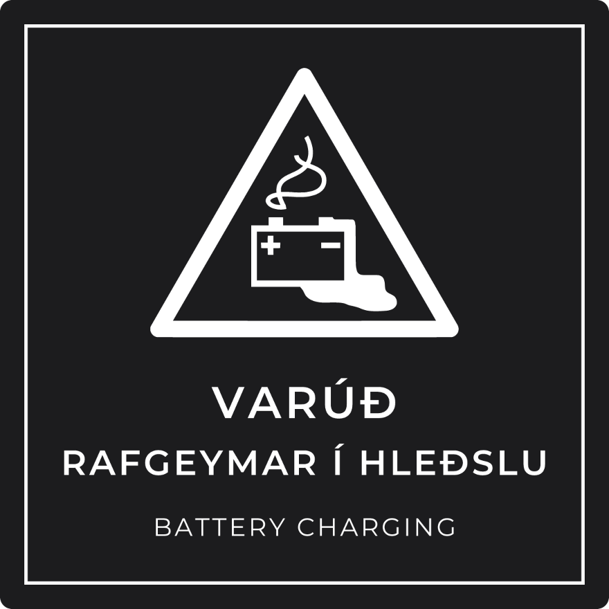 Varúð, rafgeymar í hleðslu - viðvörunarskilti, svart