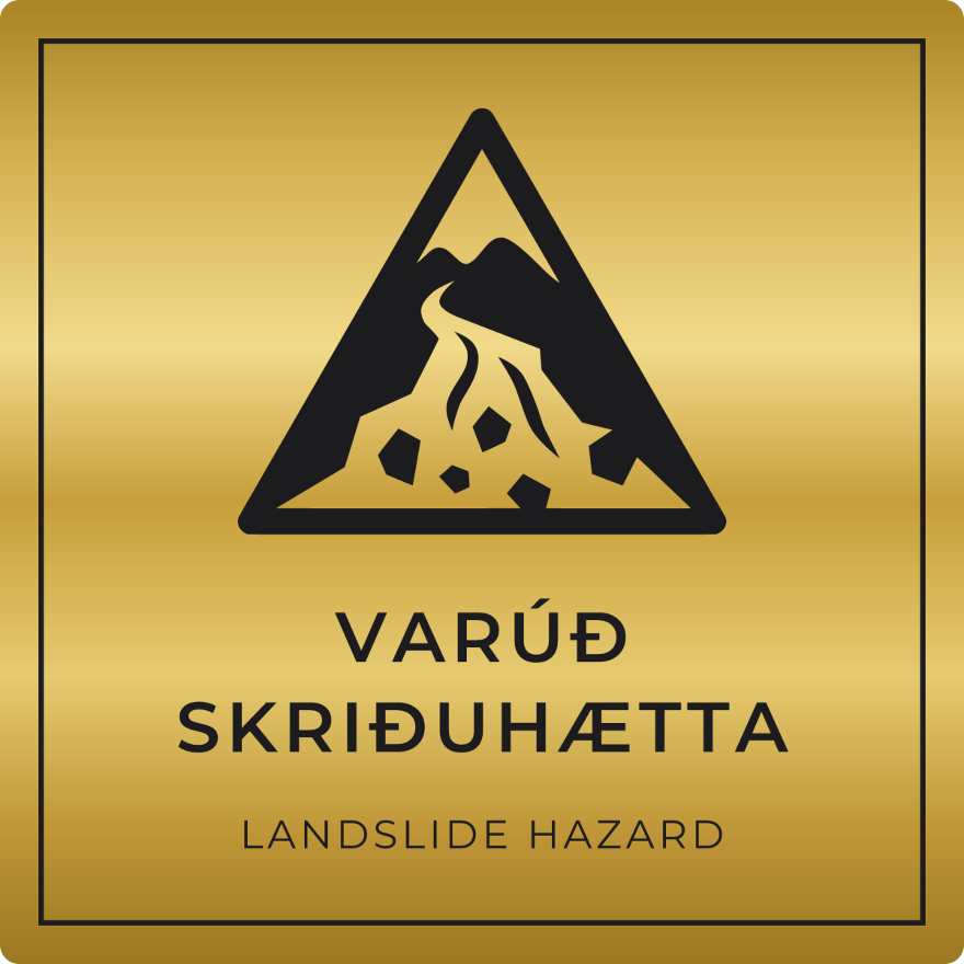Varúð, skriðuhætta - viðvörunarskilti, gull
