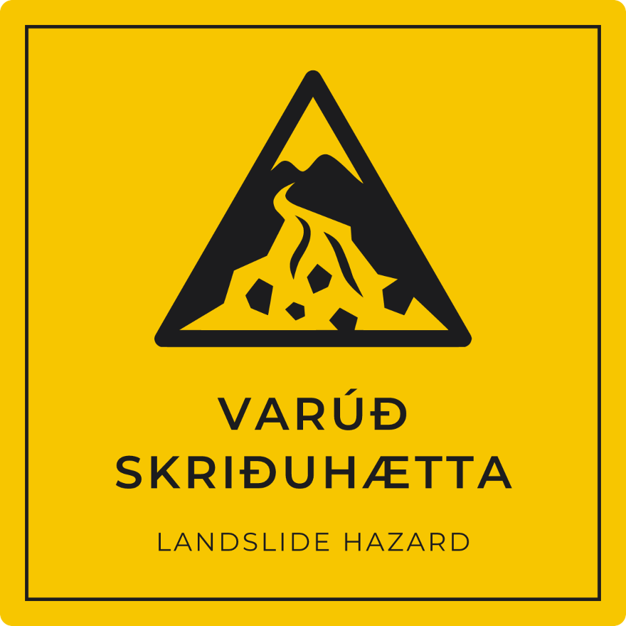 Varúð, skriðuhætta - viðvörunarskilti, gult