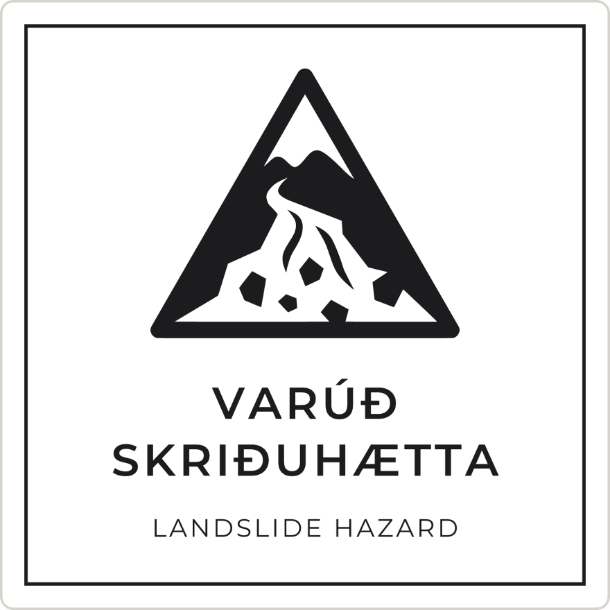 Varúð, skriðuhætta - viðvörunarskilti, hvítt