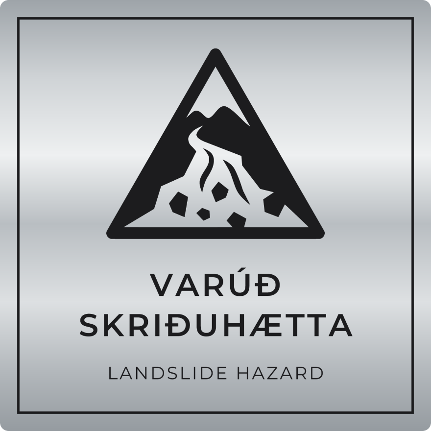 Varúð, skriðuhætta - viðvörunarskilti, silfur