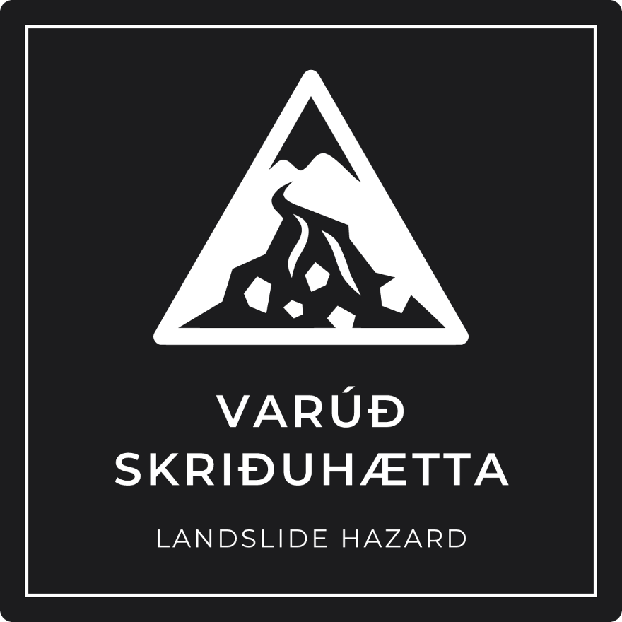 Varúð, skriðuhætta - viðvörunarskilti, svart