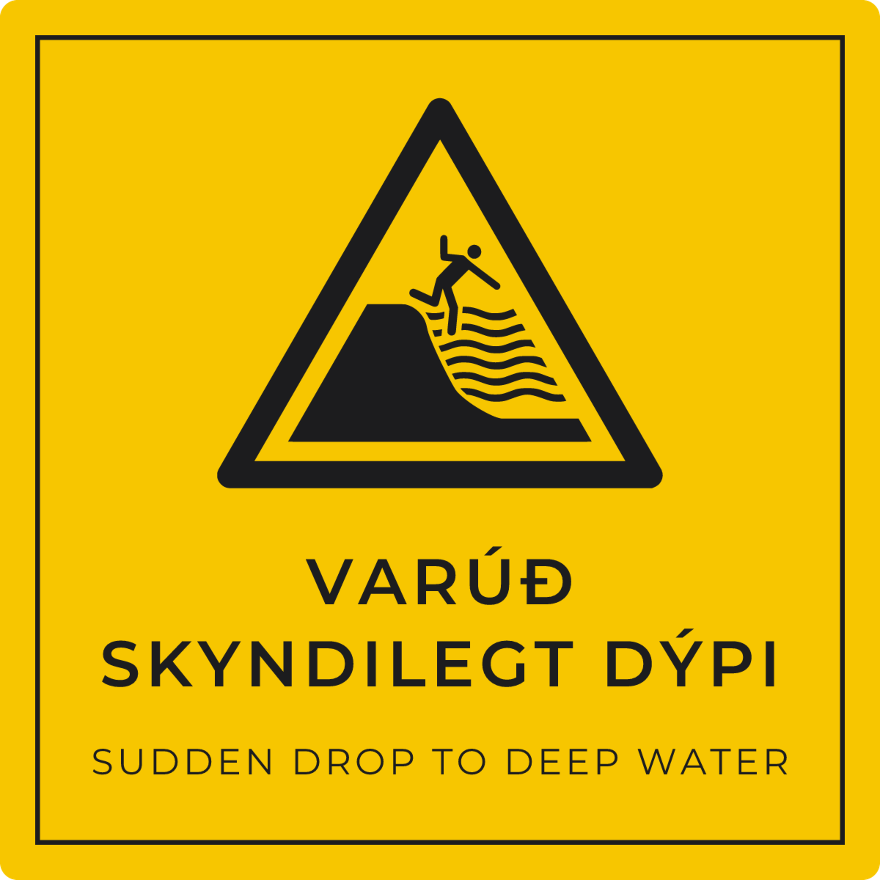 Varúð, skyndilegt dýpi - viðvörunarskilti, gult