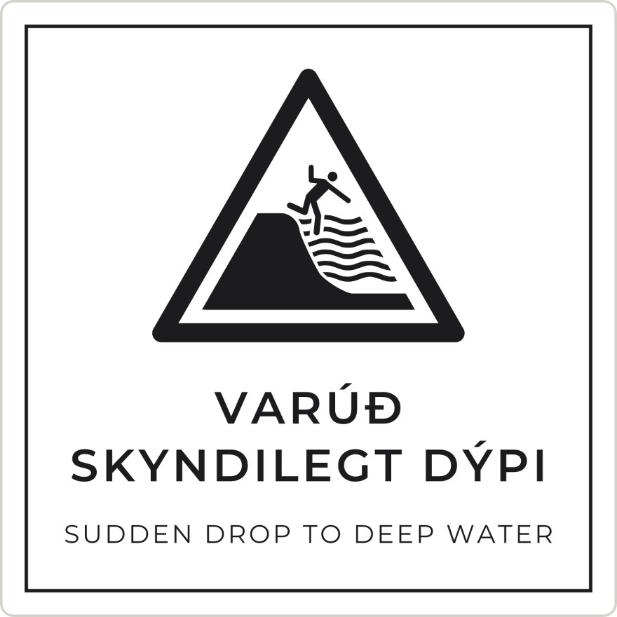 Varúð, skyndilegt dýpi - viðvörunarskilti, hvítt