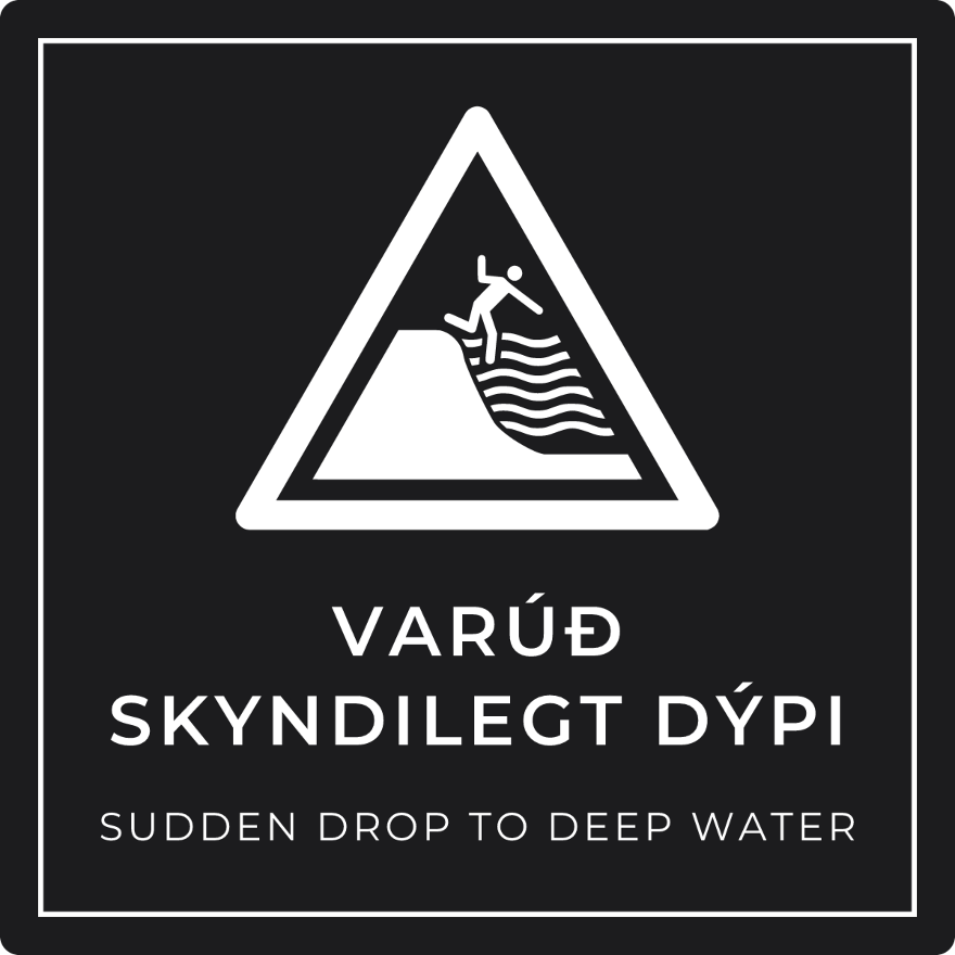 Varúð, skyndilegt dýpi - viðvörunarskilti, svart