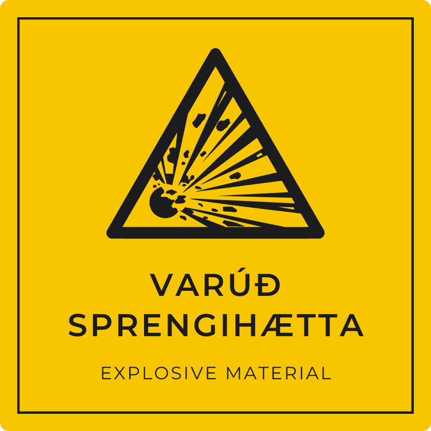 Varúð, sprengihætta - viðvörunarskilti, gult