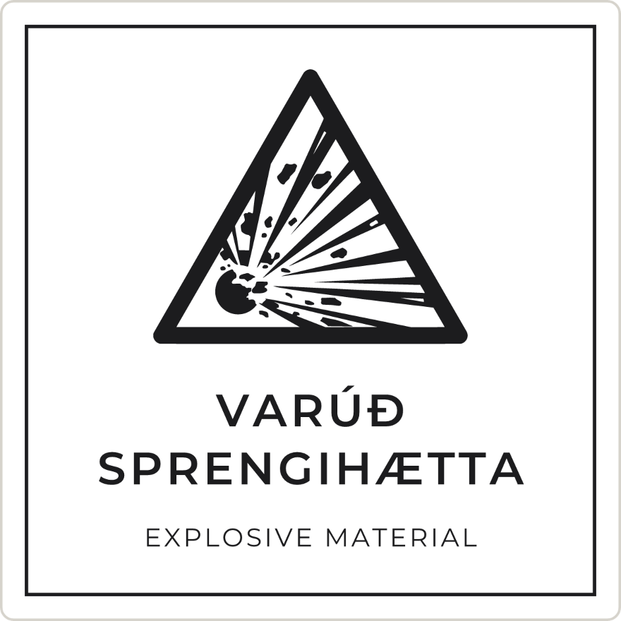 Varúð, sprengihætta - viðvörunarskilti, hvítt