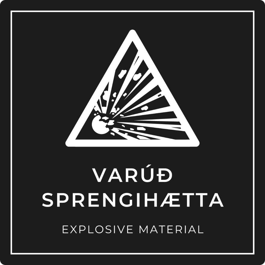 Varúð, sprengihætta - viðvörunarskilti, svart