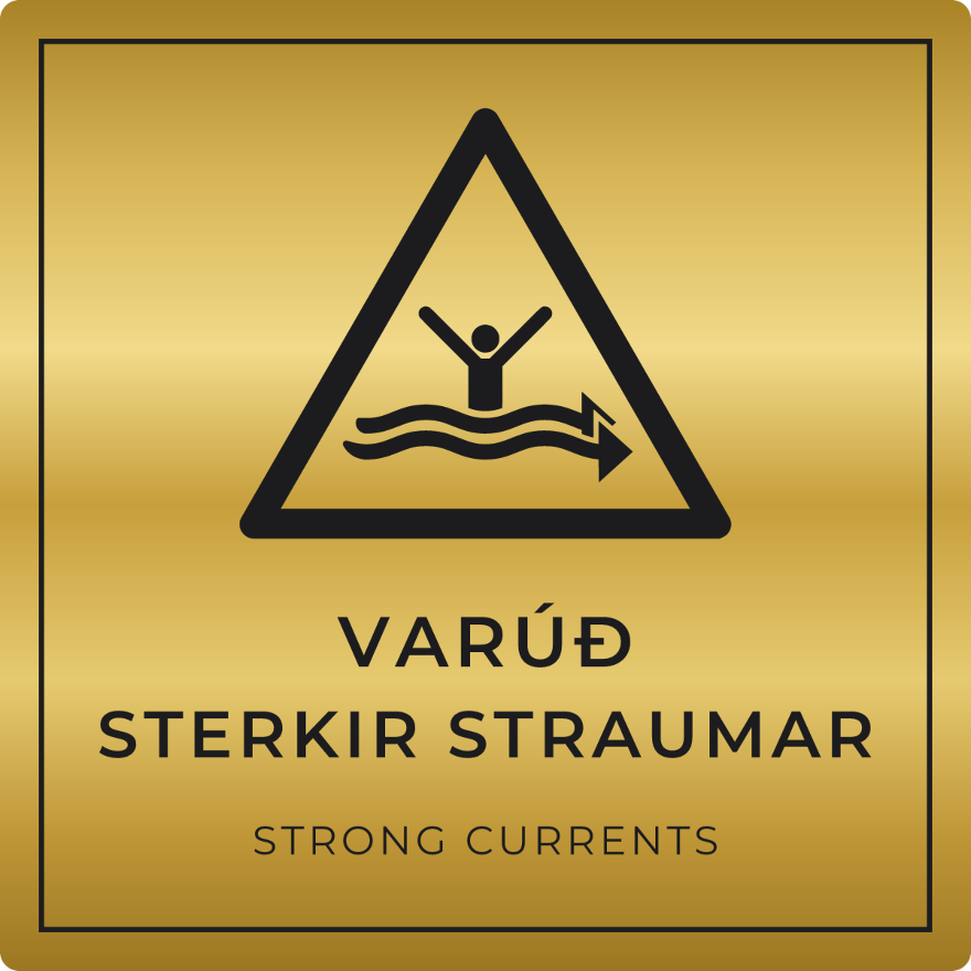 Varúð, sterkir straumar - viðvörunarskilti, gull