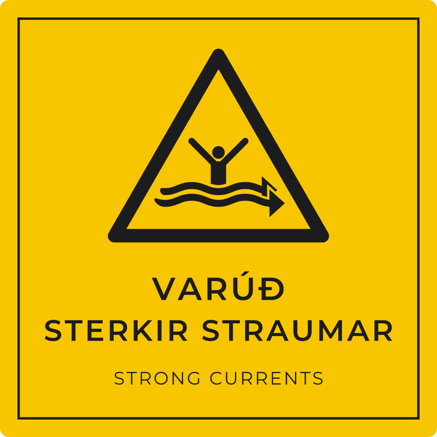 Varúð, sterkir straumar - viðvörunarskilti, gult