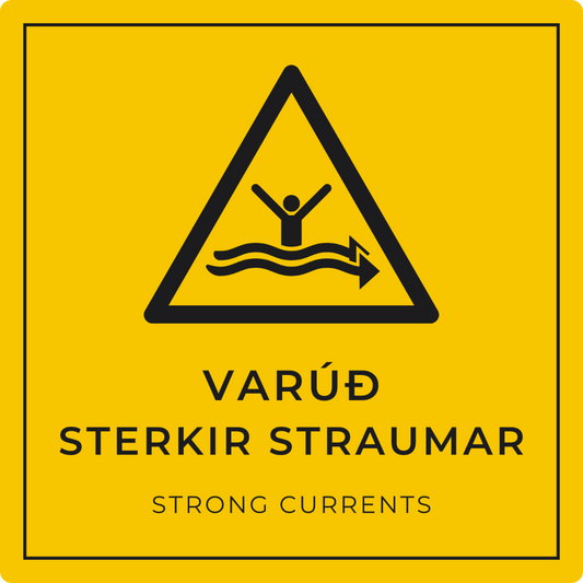 Varúð, sterkir straumar - viðvörunarskilti, gult