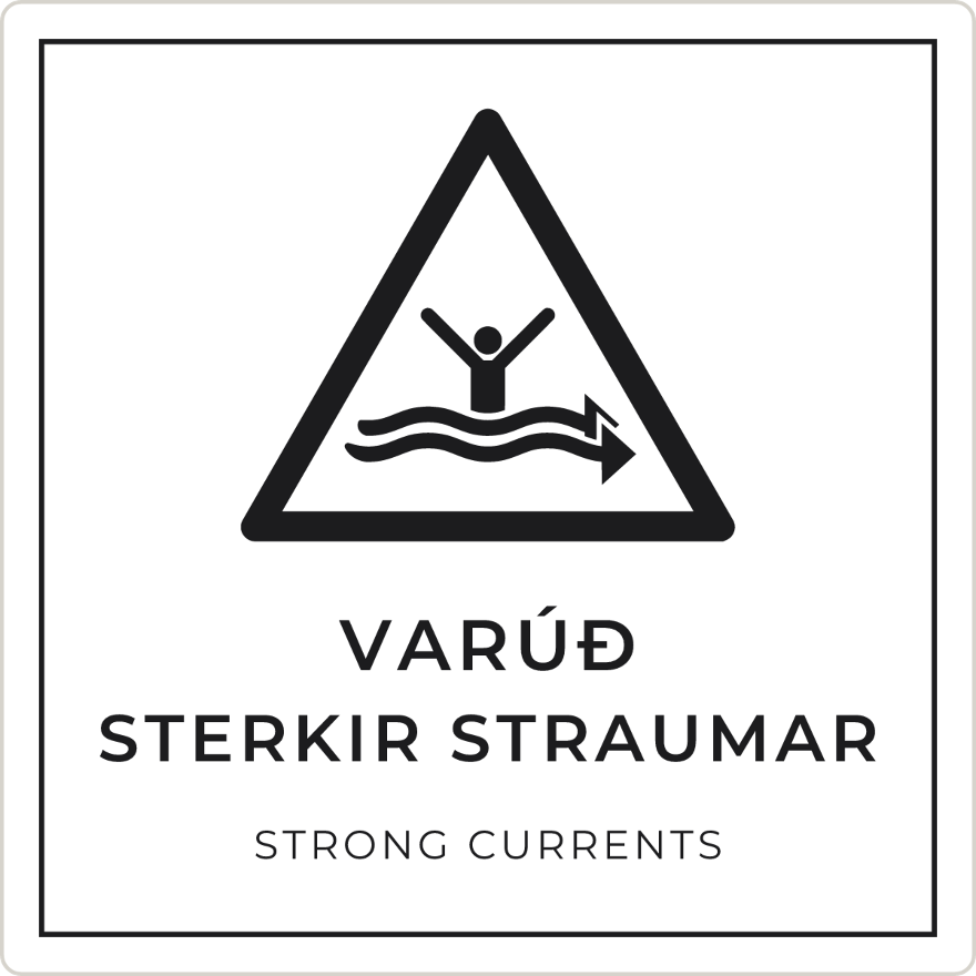 Varúð, sterkir straumar - viðvörunarskilti, hvítt