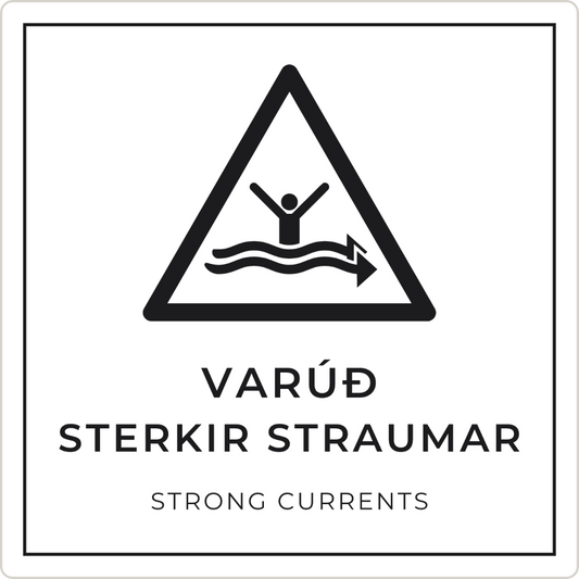 Varúð, sterkir straumar - viðvörunarskilti, hvítt