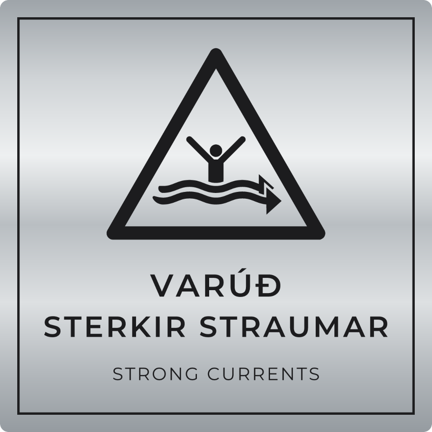 Varúð, sterkir straumar - viðvörunarskilti, silfur