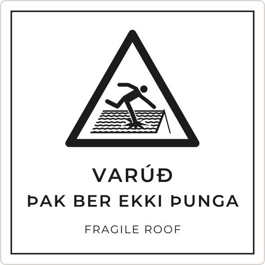 Varúð, þak ber ekki þunga - viðvörunarskilti, hvítt