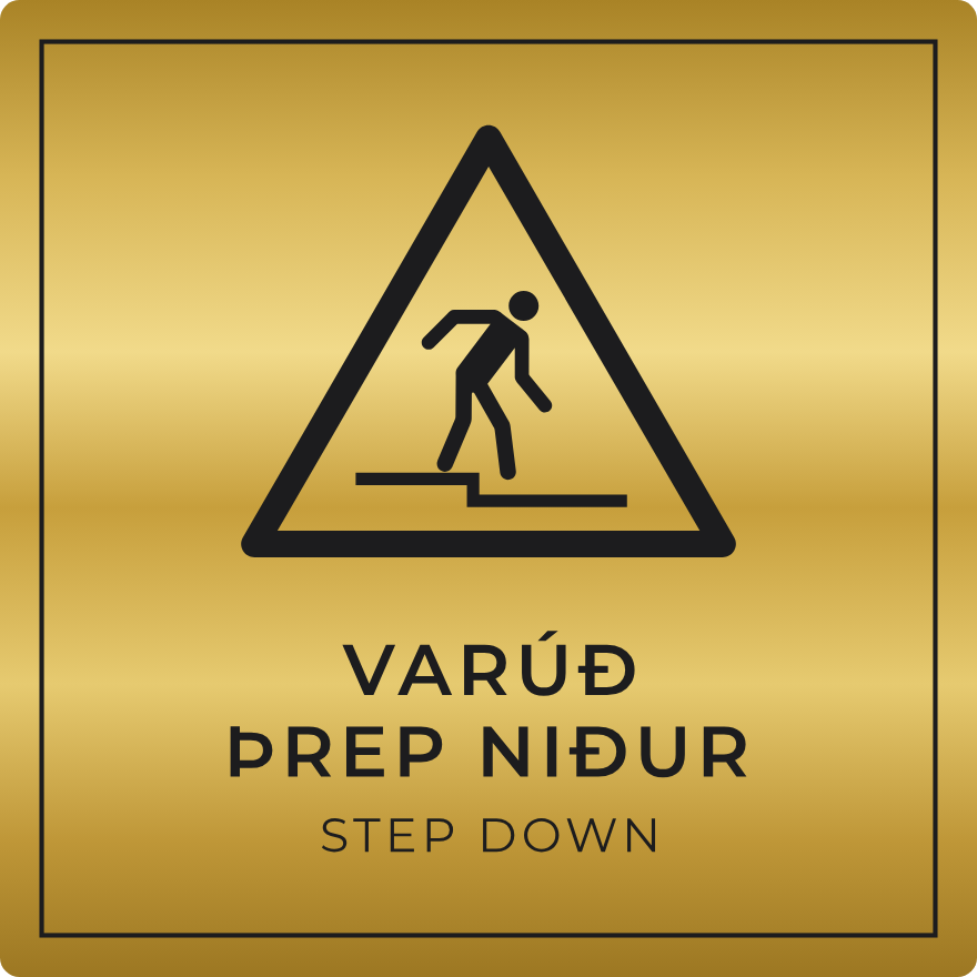 Varúð þrep niður - viðvörunarskilti, gull