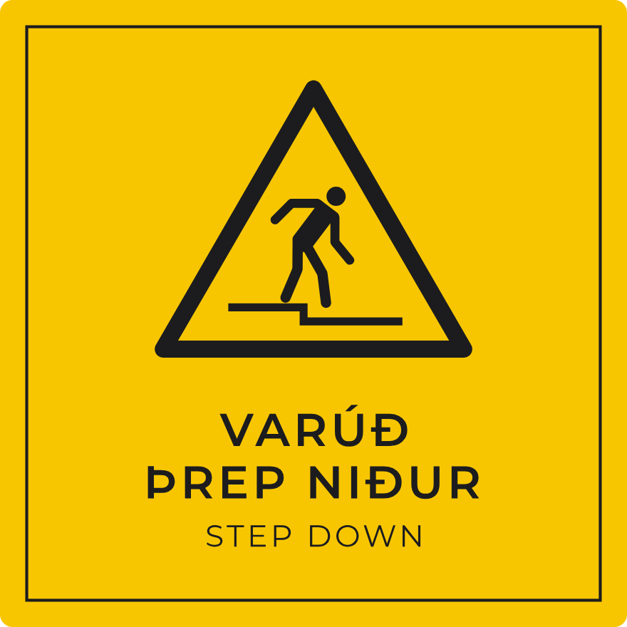 Varúð þrep niður - viðvörunarskilti, gult