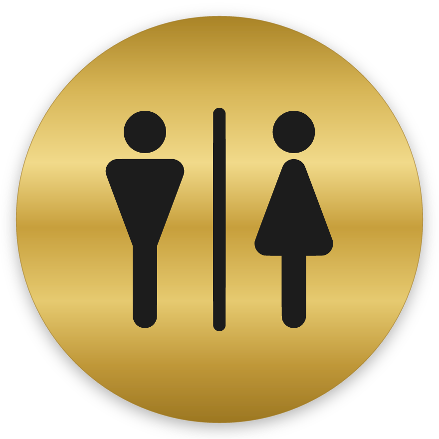 Karl og kona, hringlaga WC skilti, grafið, gyllt