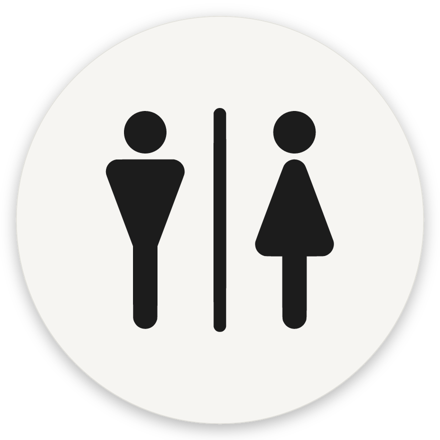 Karl og kona, hringlaga WC skilti, grafið, hvítt