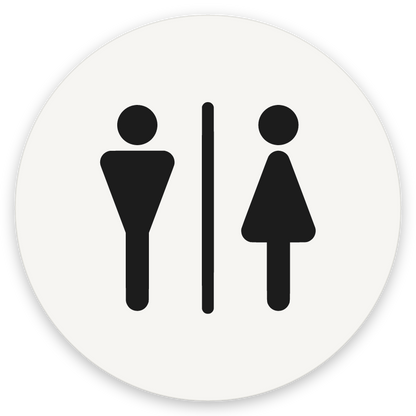 Karl og kona, hringlaga WC skilti, grafið, hvítt