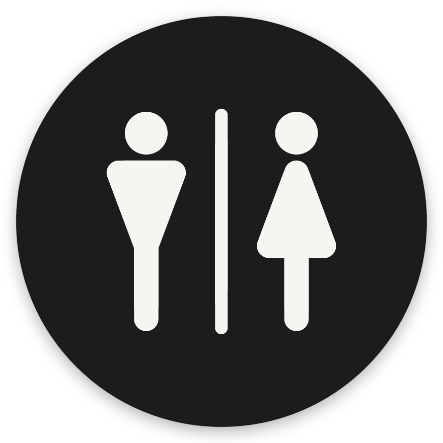 Karl og kona, hringlaga WC skilti, grafið, svart